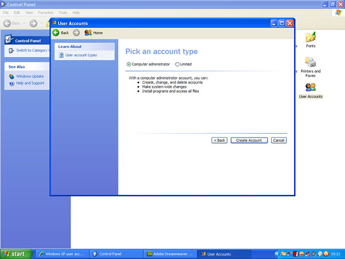 Windows XP User Accounts Screen