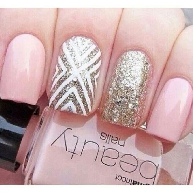 Pink White and Gold Nail Design