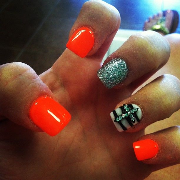 Black and Neon Orange Nail Designs