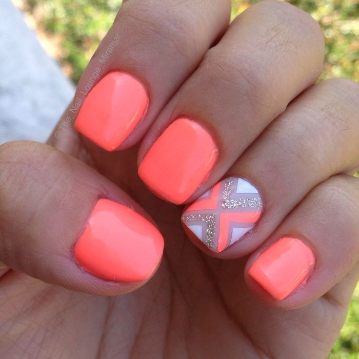 Bright Neon Coral Orange Nail Art Design