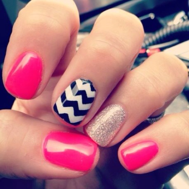 Pink Glitter Chevron Nails