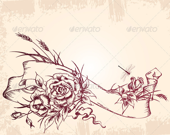 Vintage Rose Drawings with Banners