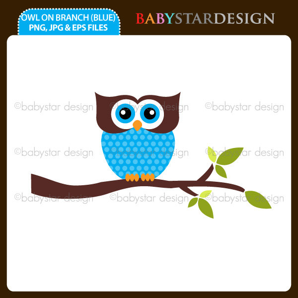 Blue Owls On Branches Clip Art