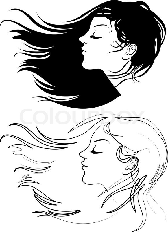 Cartoon Girl with Hair Blowing in Wind Drawing