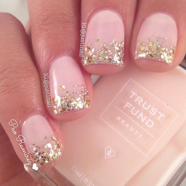 Gold Glitter Tip Nails with Design