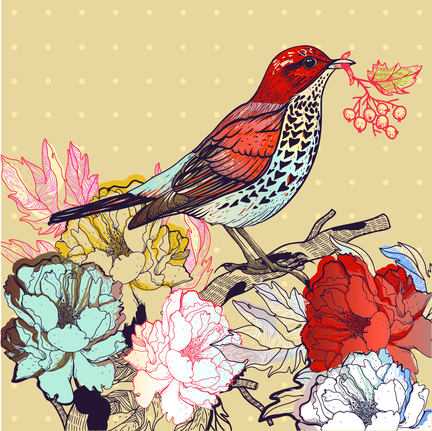 Hand Drawn Birds Florals