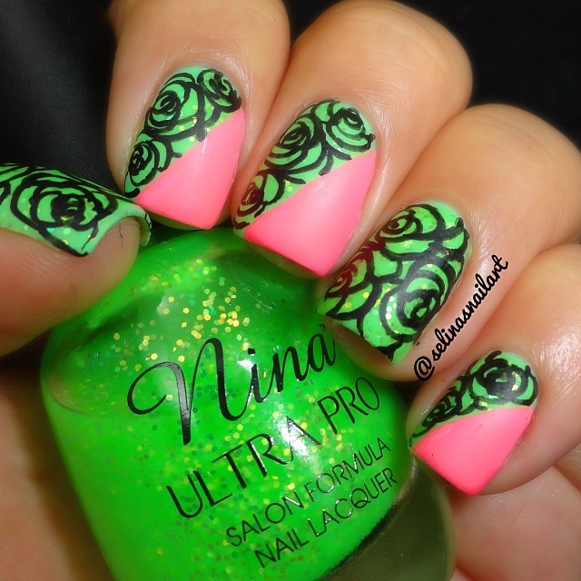 Pink and Neon Green Nail Designs