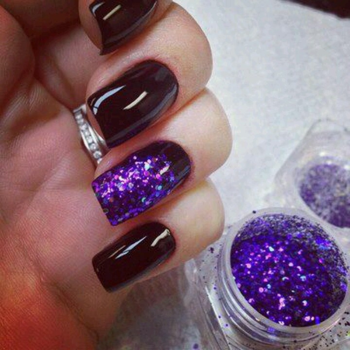 Black and Purple Glitter Nails