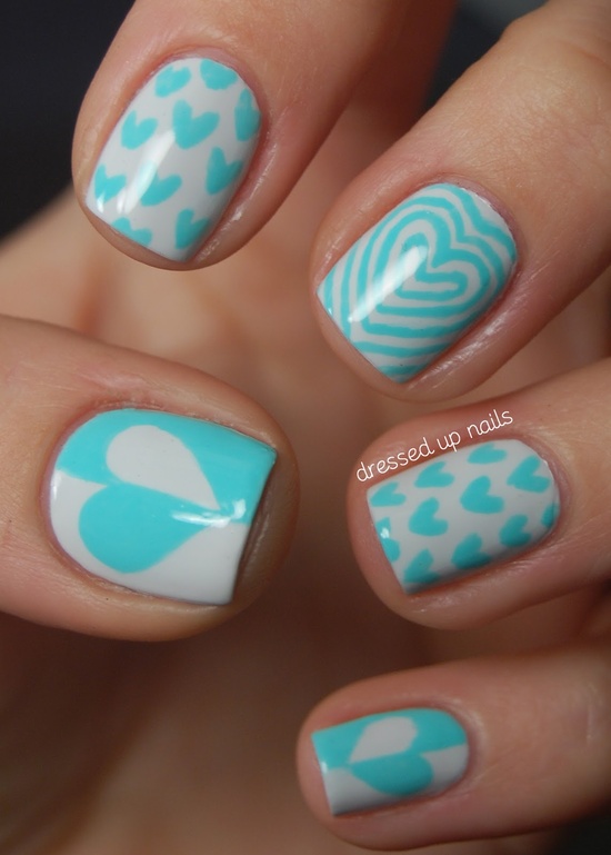 Blue and White Heart Nail Art