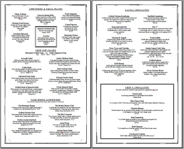 Free Printable Template Restaurant Menus