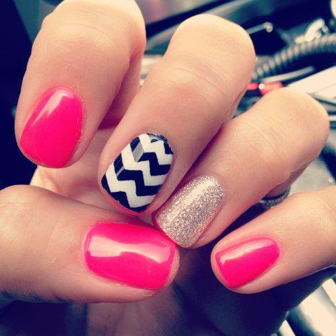 Pink Glitter Chevron Nails