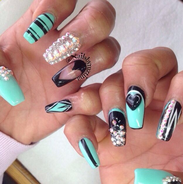 Turquoise and Black Nail Art