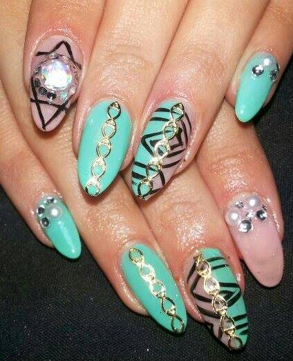 Turquoise with Gold Design Nails