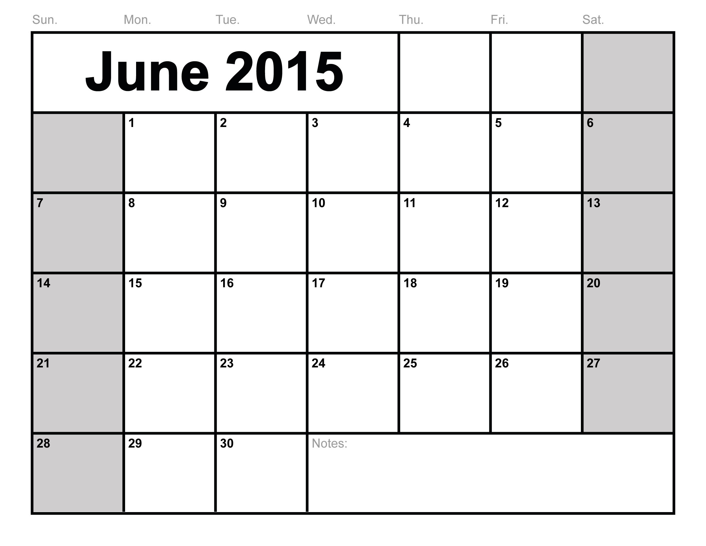 Printable 2015 Monthly Calendar Template June