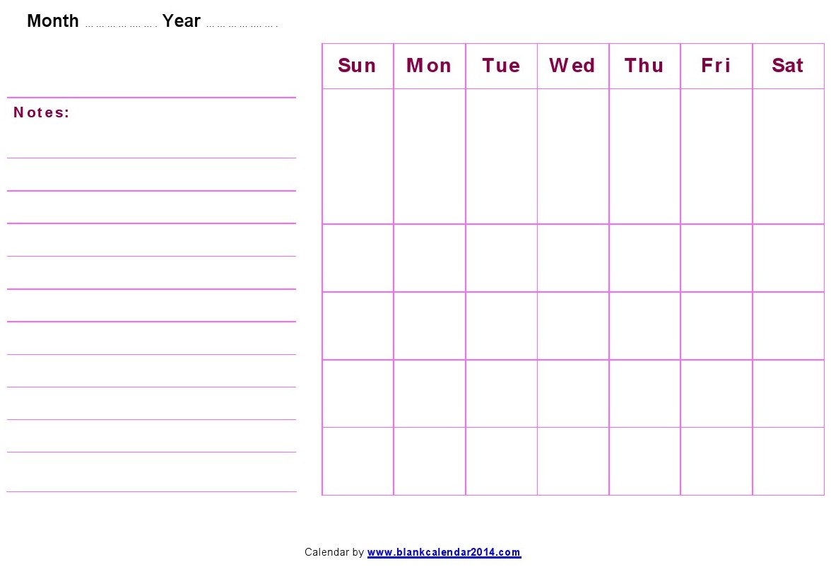 Printable Blank Monthly Calendar Template