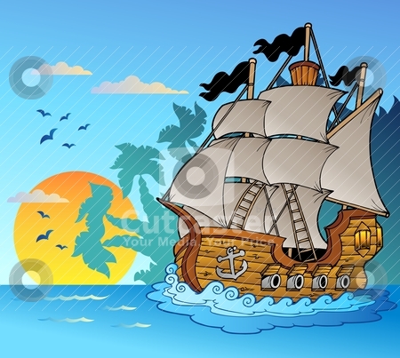 Island Pirate Ship Vector