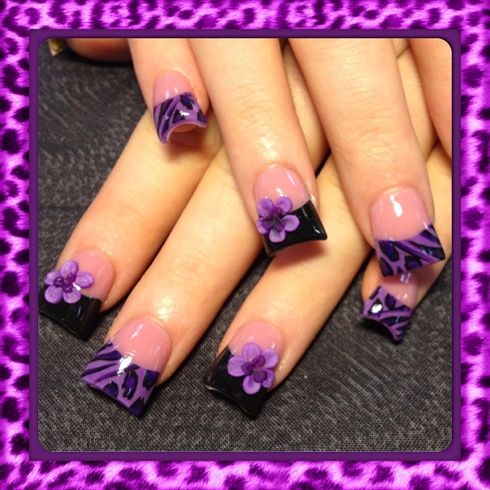 Purple and Black Flower Nail Art