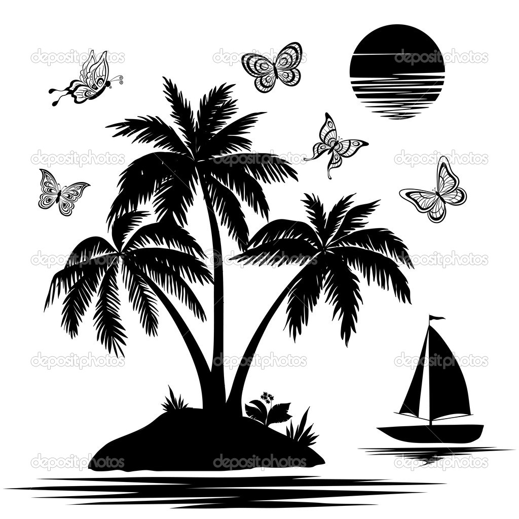 Tropical Island Clip Art Black and White