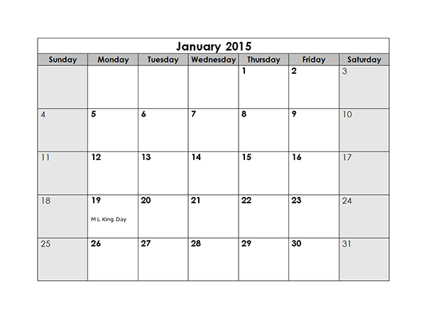 2015 Monthly Calendar Template