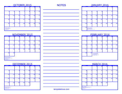 6 Month Calendar 2015