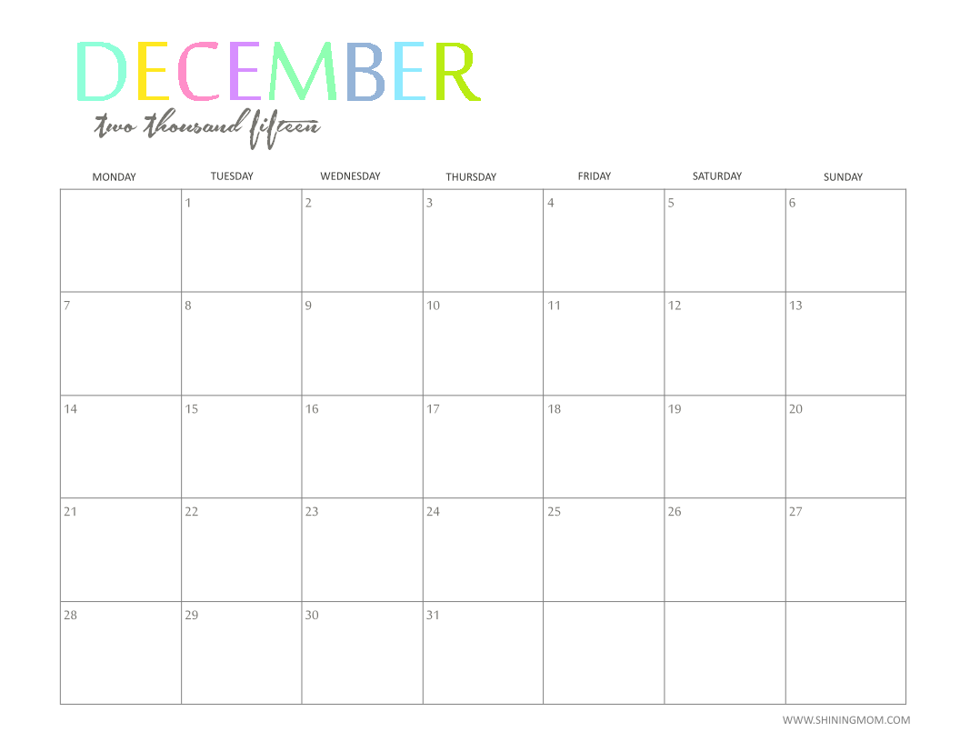 December 2015 Monthly Calendar Printable December 2015 Monthly Calendar Printable