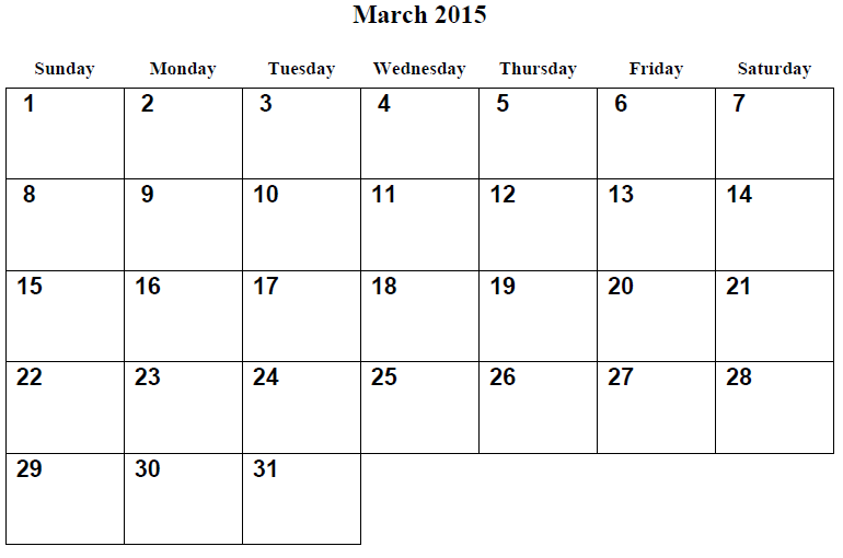 Free Printable Monthly Calendars March 2015