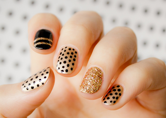 Gold and Black Polka Dot Nail Art Design