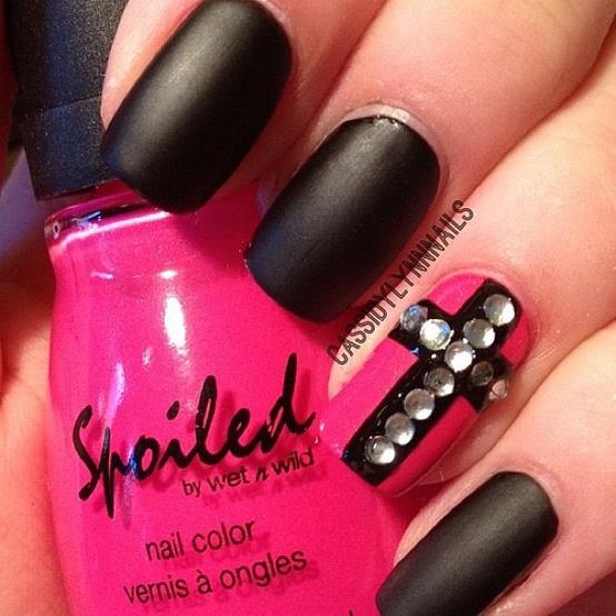 Matte Black Nails with Cross