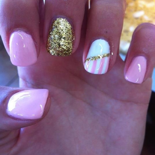 Pink White and Gold Nail Design