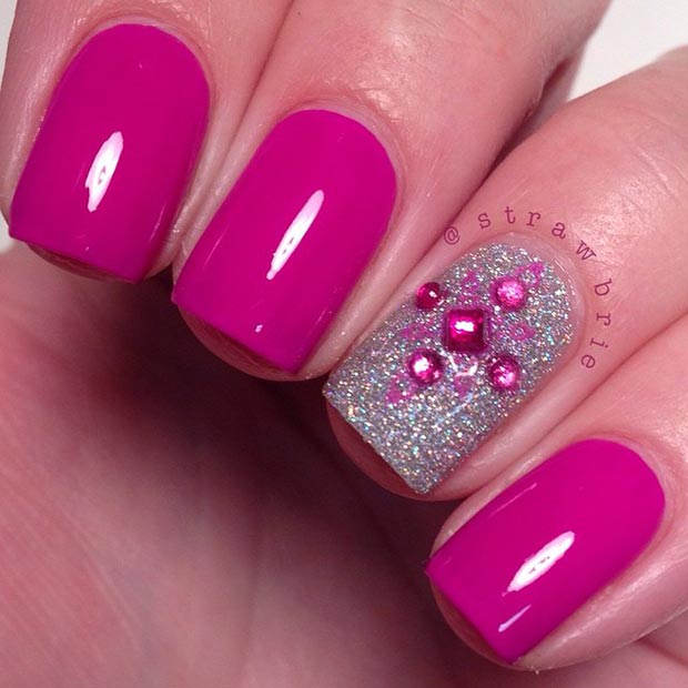 Short Pink and Silver Nail Design