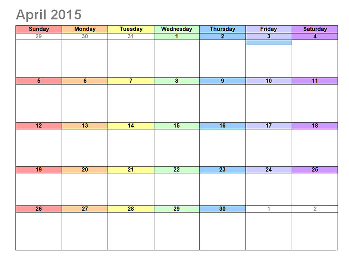 2015 April Calendar Editable Templates