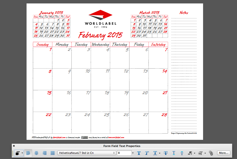 2015 Calendar Template Fillable PDF