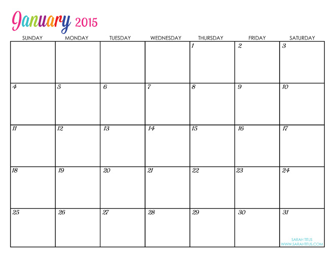 Free Editable Printable Calendar January 2015