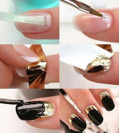 Black with Gold Foil Nail Art