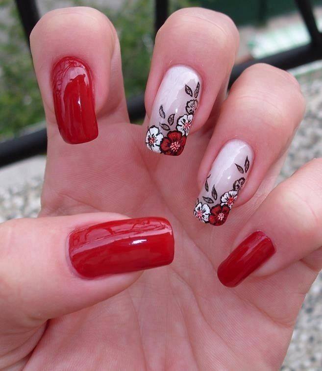 Red Nails with Flower Design