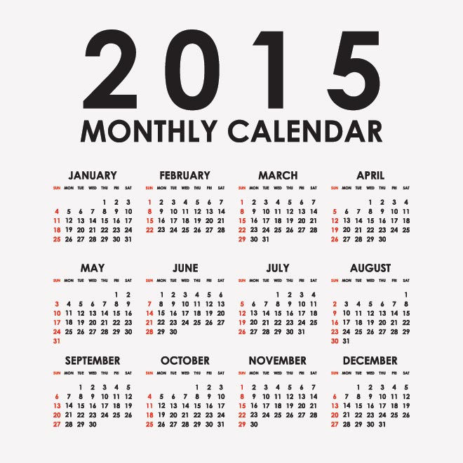 2015 Monthly Calendar Vector