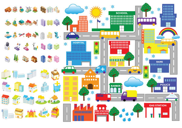 Cartoon School Building Icons Cartoon School Building Icons
