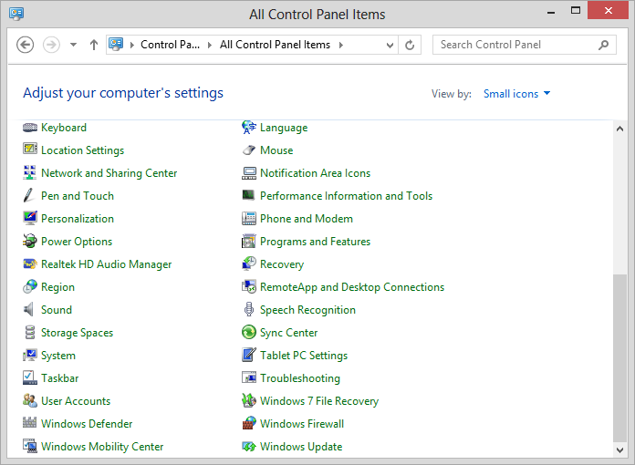 Windows 8 Control Panel Icon View
