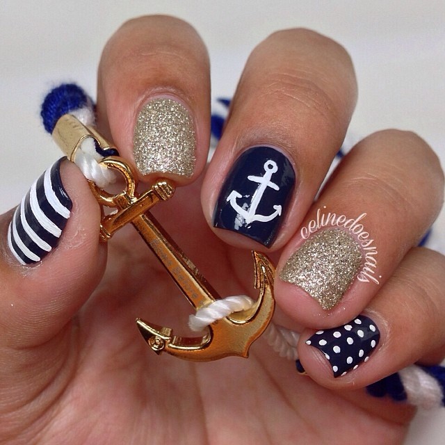 Anchor Blue and Gold Nail Designs