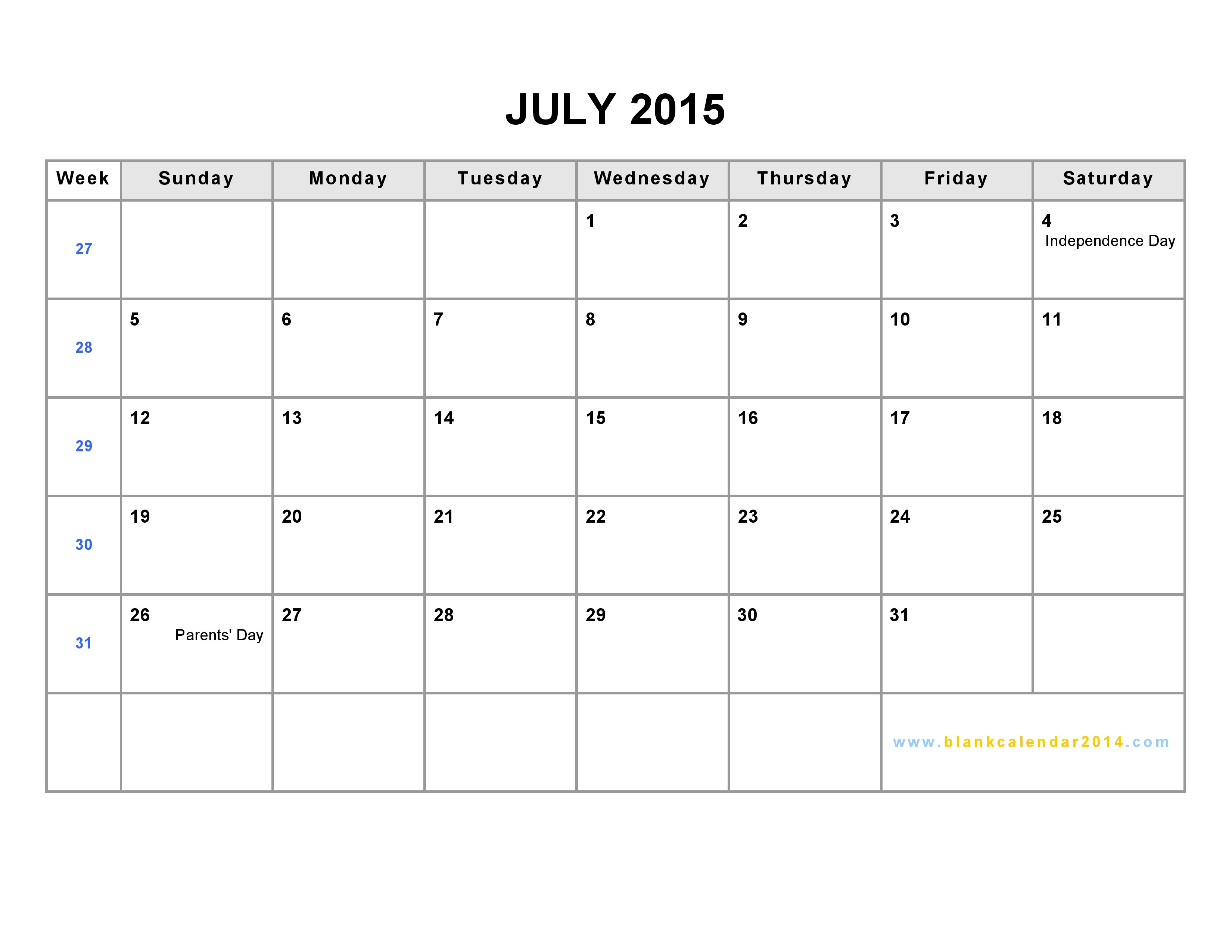 Blank Calendar July 2015