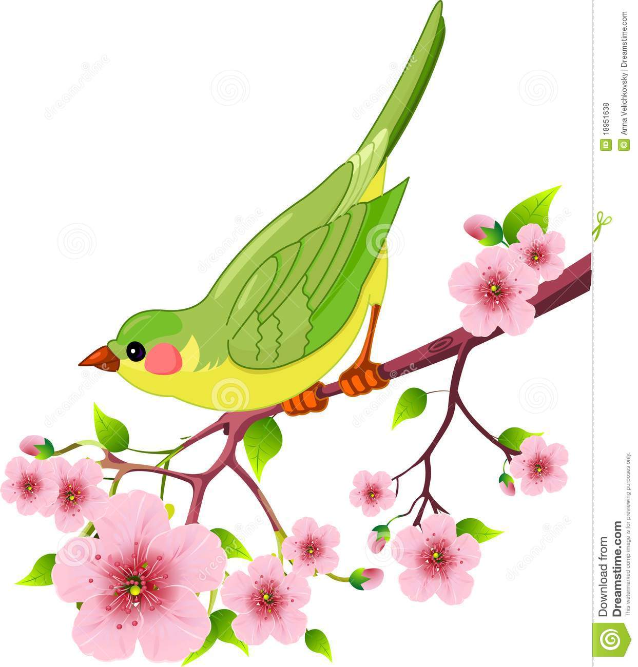 Cute Spring Bird On Tree Branches Clip Art