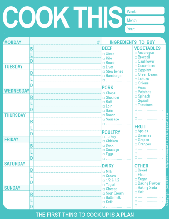 Free Printable Weekly Menu Planner Template