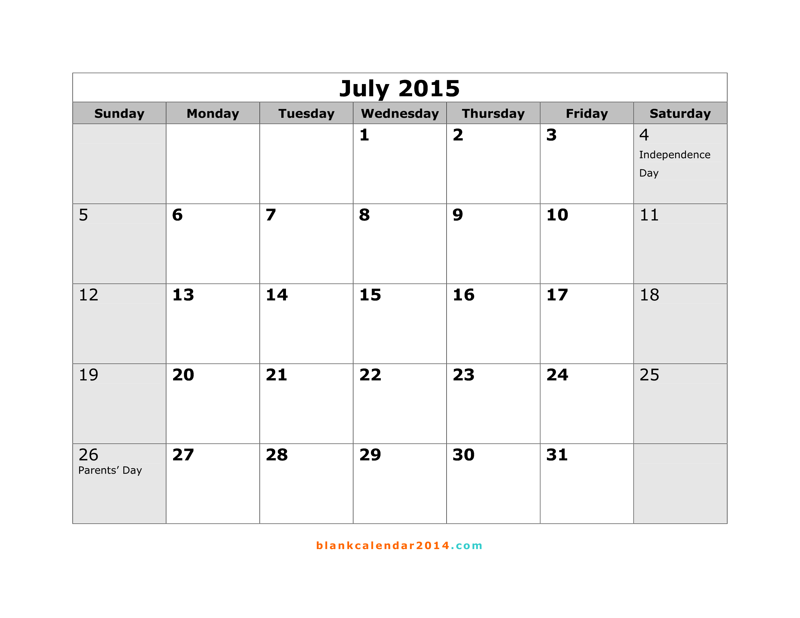 July 2015 Calendar Printable Template