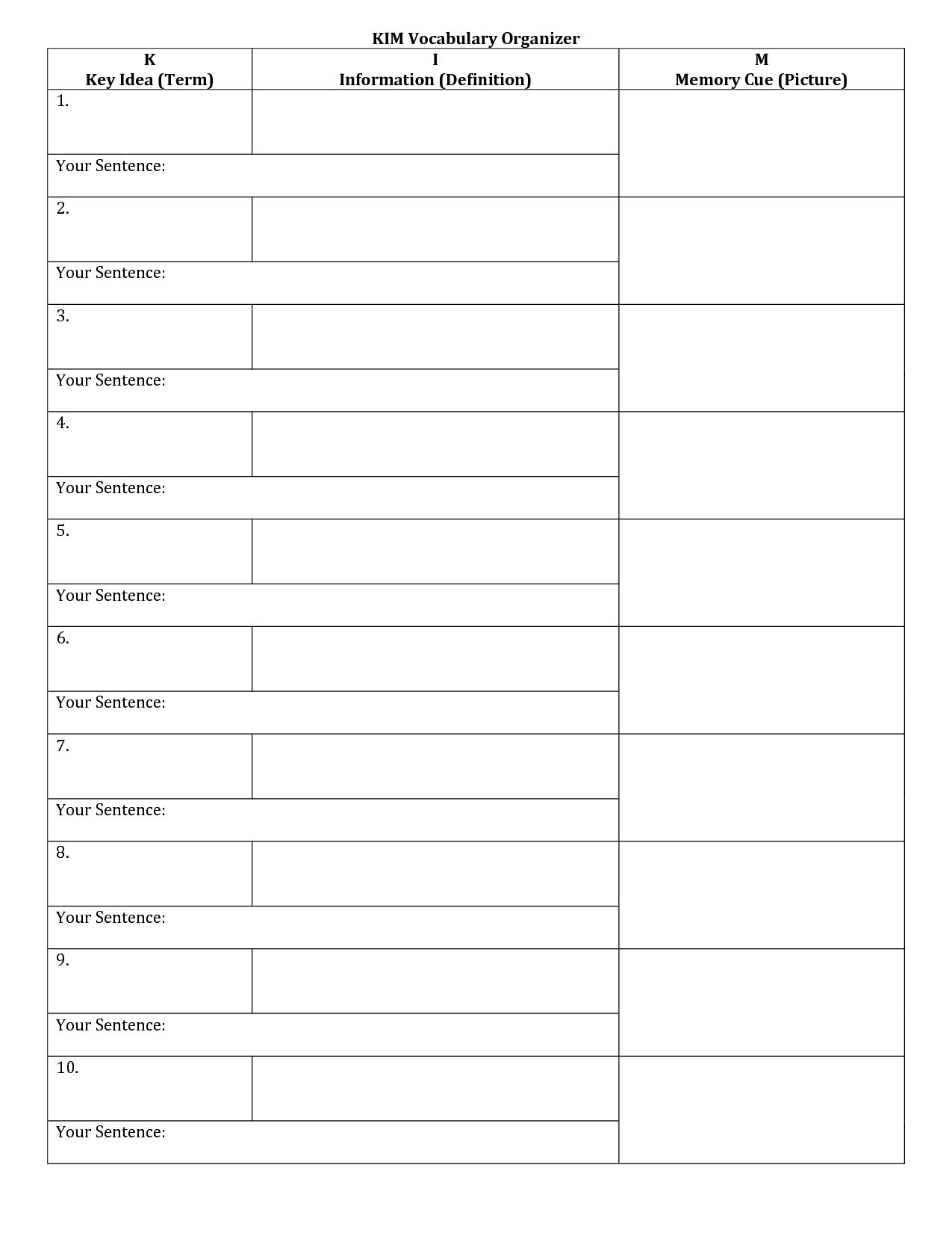 Kim Vocabulary Graphic Organizer