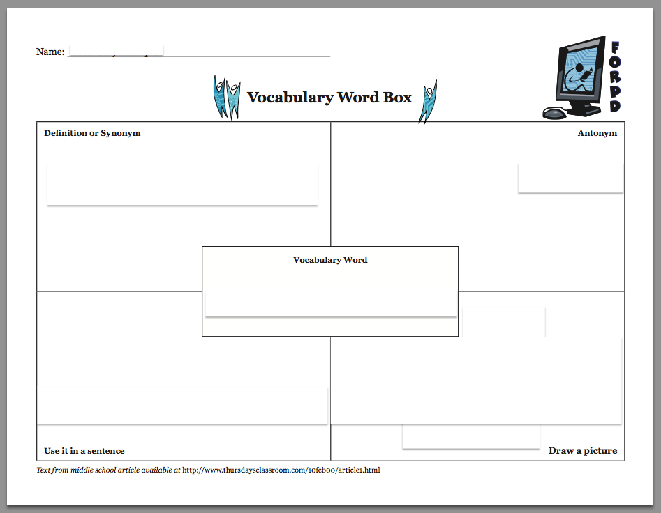 Vocabulary Word Box Graphic Organizer