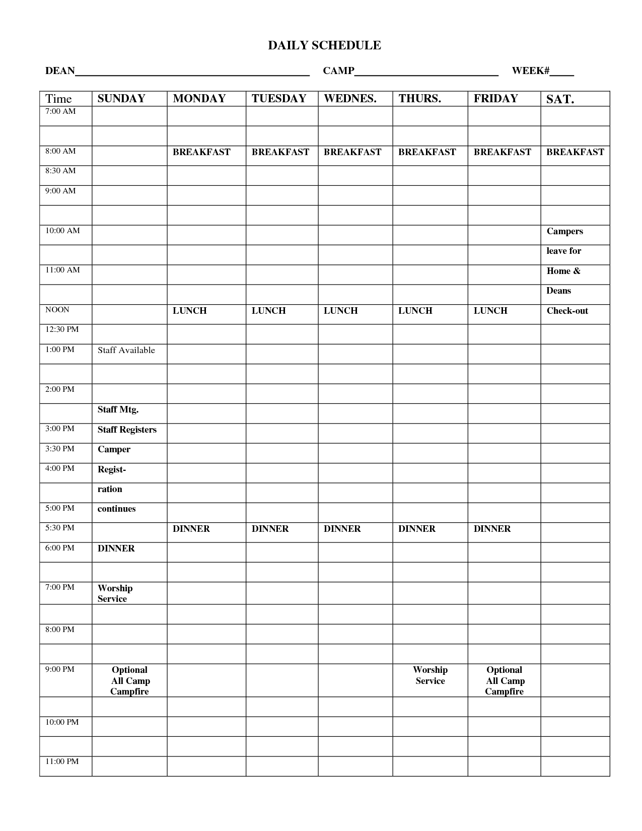 Blank Daily Schedule Template