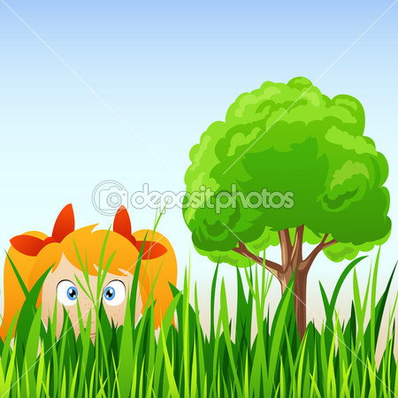 Girl Hiding Behind Tree Cartoon