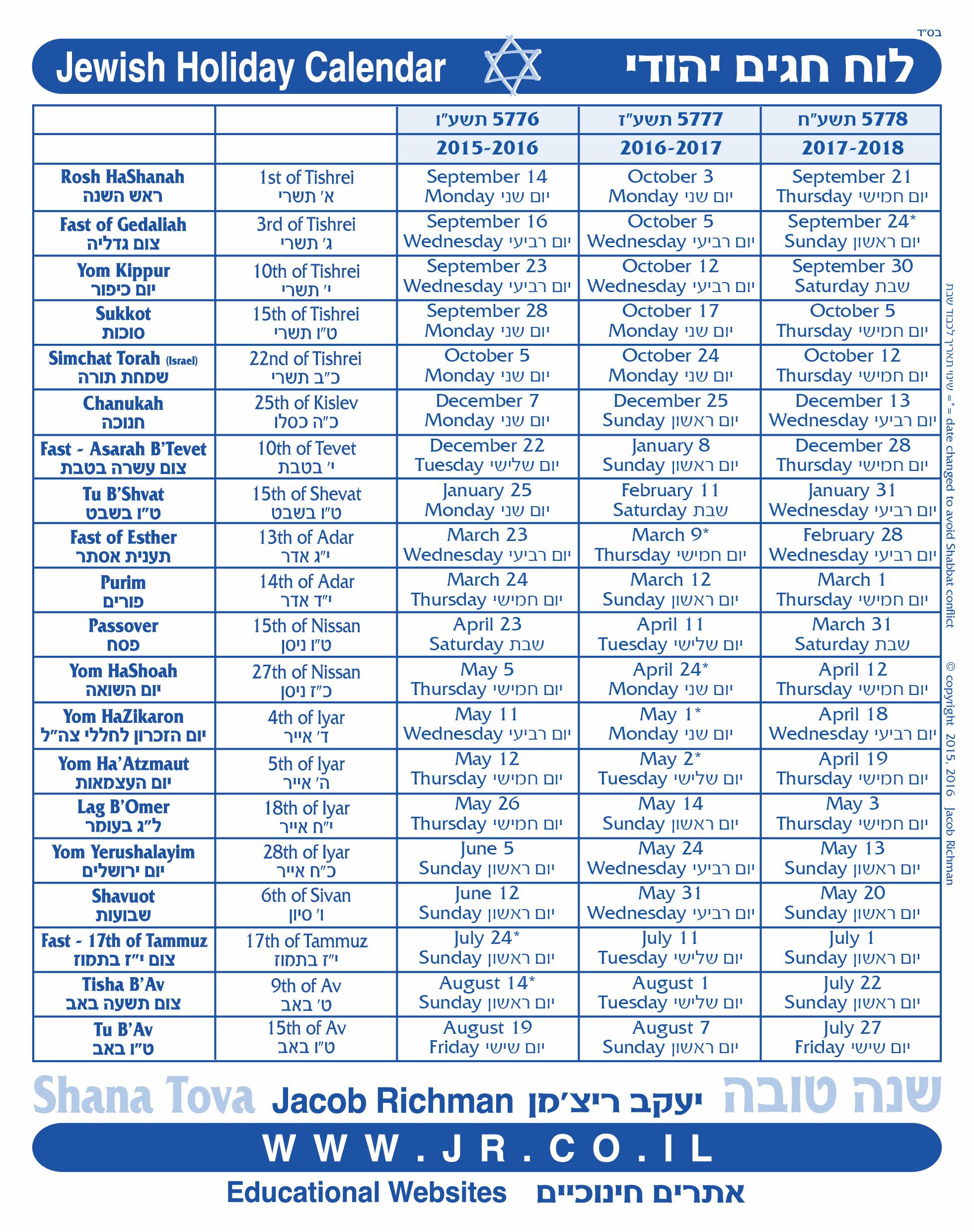 Jewish Calendar with Holidays