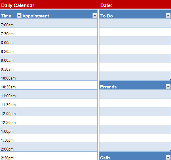 Printable Blank Daily Calendar Template