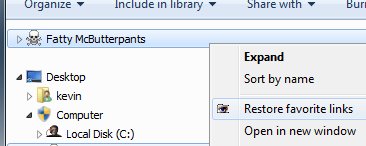 Restore Favorite Links Windows 7